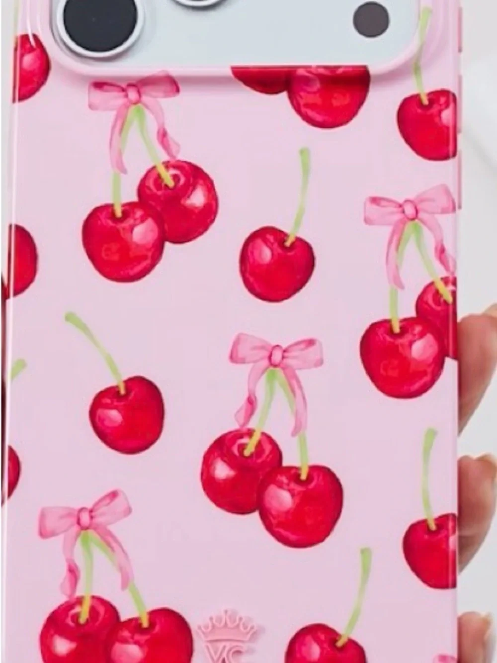 Velvet Caviar Pink Cherry iPhone 17 Pro Case with Red Cherry Print